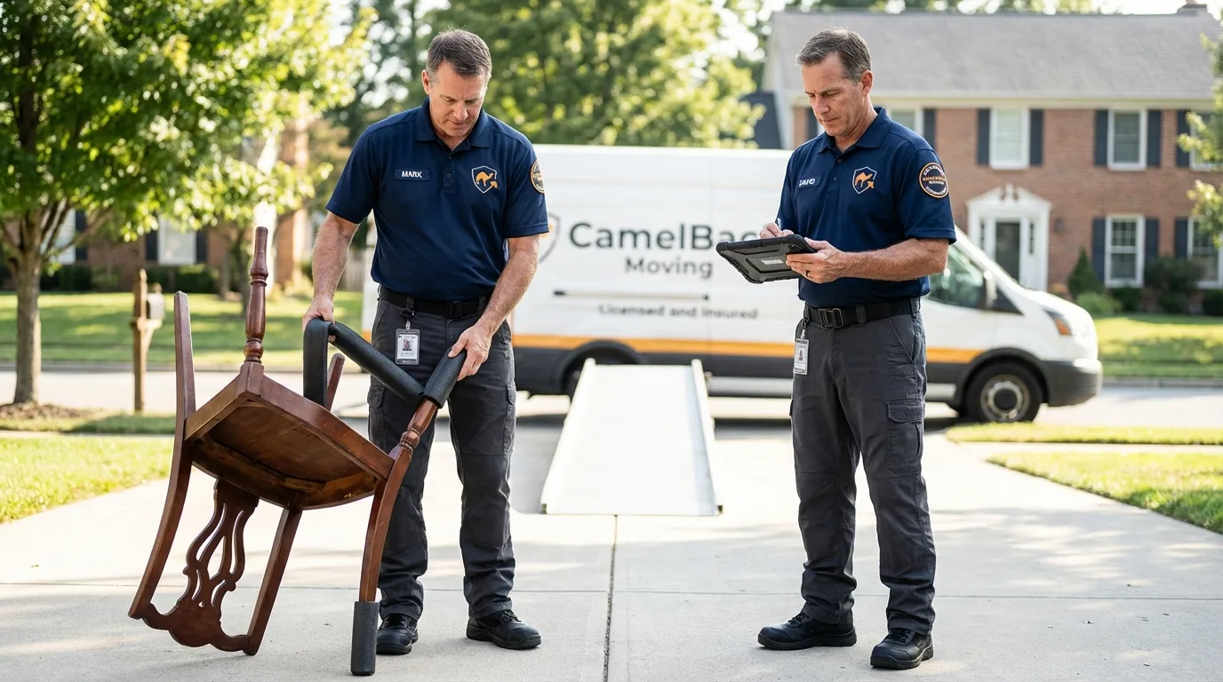 Movers inspecting furniture for damage prevention before loading in Hockessin, DE