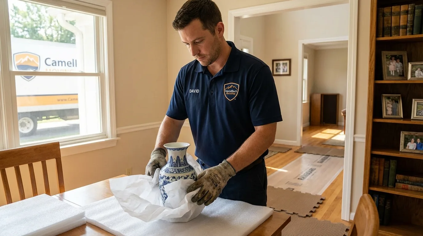Professional crew carefully wrapping antique vase for senior downsizing move in Hockessin, DE